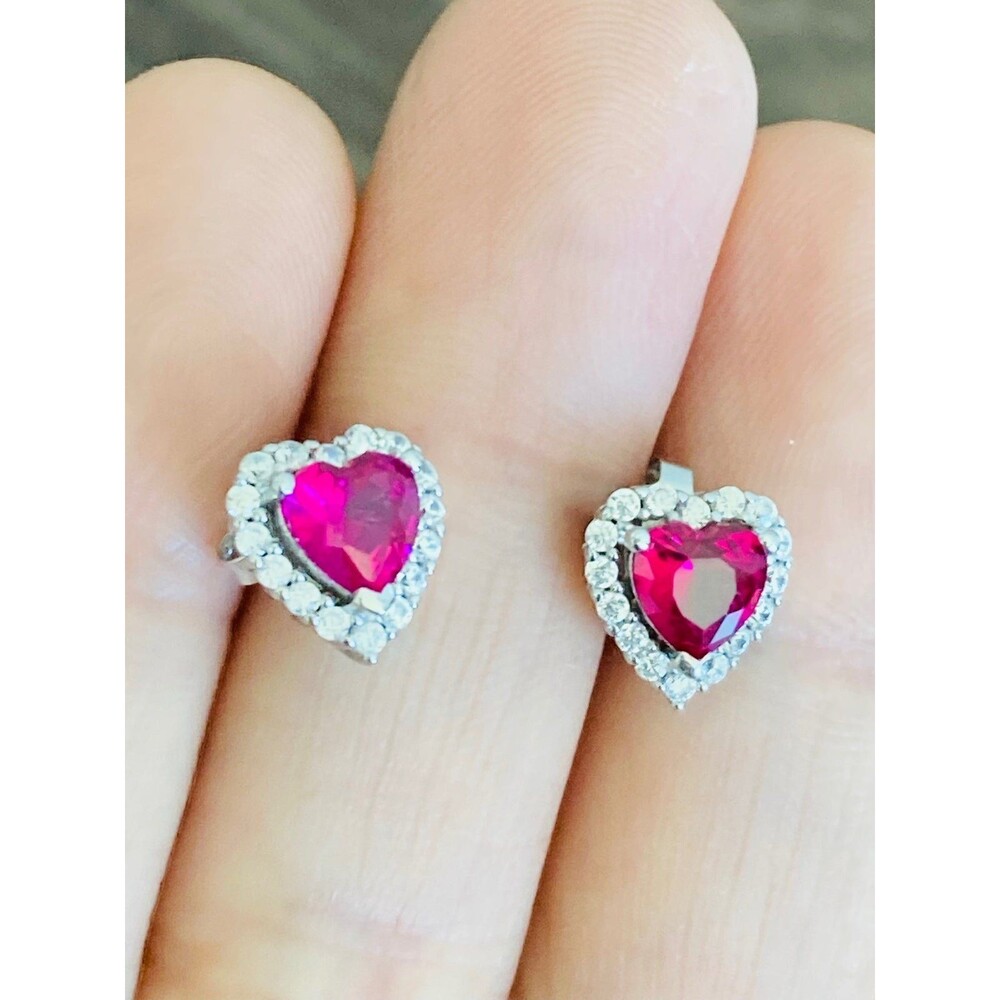 925 Sterling Silver Ruby Heart Stud Earrings - image 2